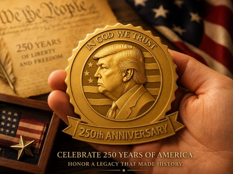 Trump 250th Anniversary Golden Badge limited edition patriotic collectible with gold-tone finish and certificate of authenticity